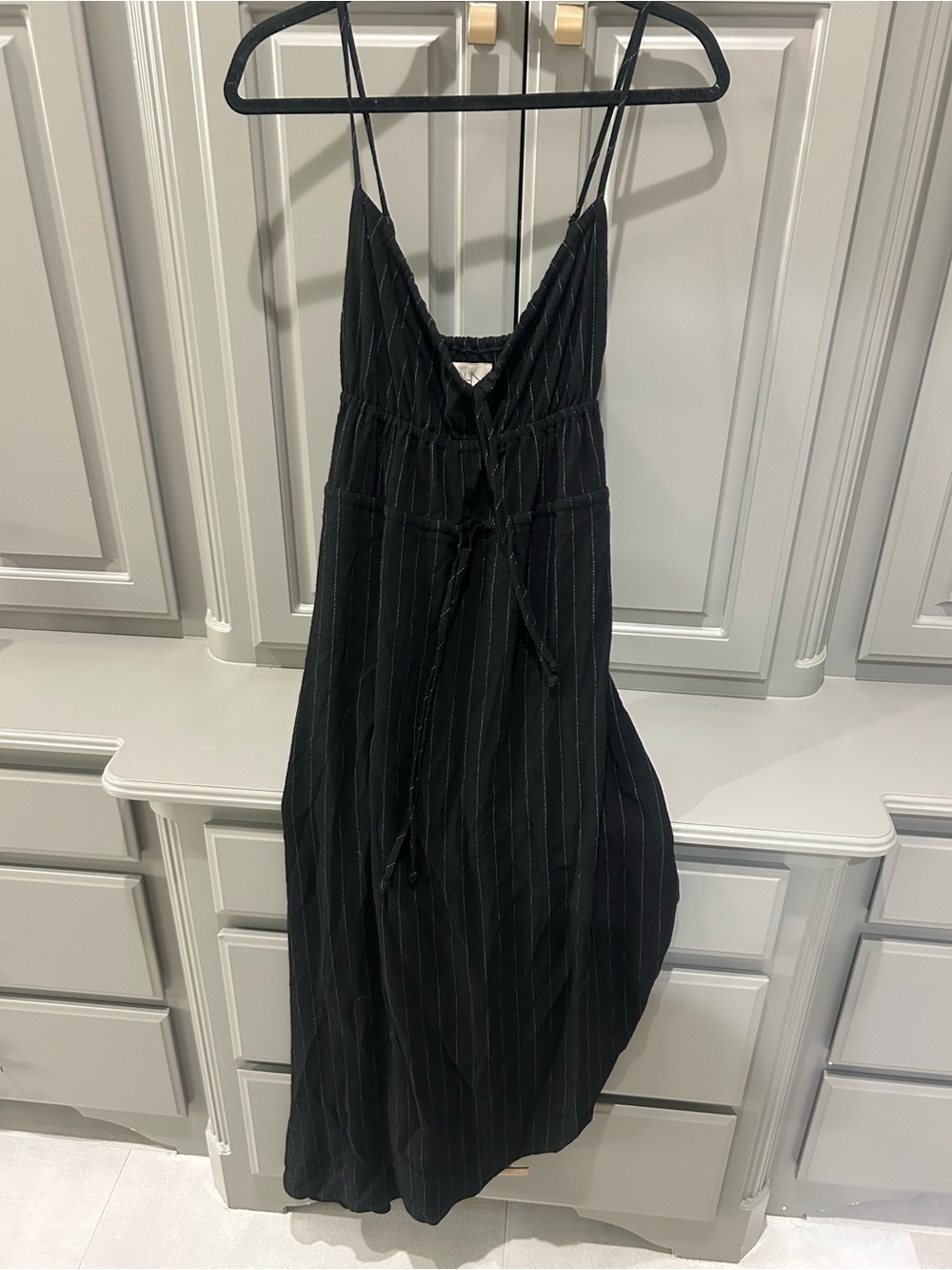 Chaser Black Pinstripe V‑Neck Midi Dress with Spaghetti Straps